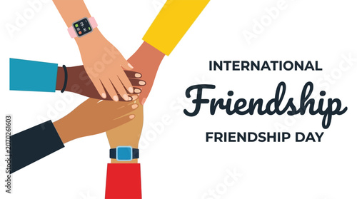 Tableau sur toile Hands joining together vector illustration with friendship day typography