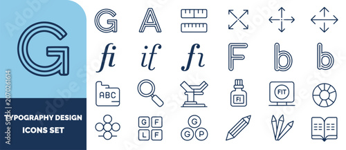 Typography and set featuring letters, measuring tools, magnifying glass, pencils, and symbols in dark blue outline