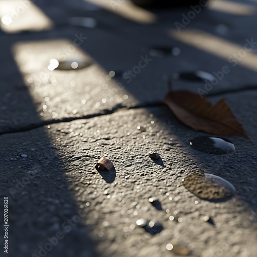 Macro Closeup of Water Droplets on Rough Concrete Surface in Shadow.