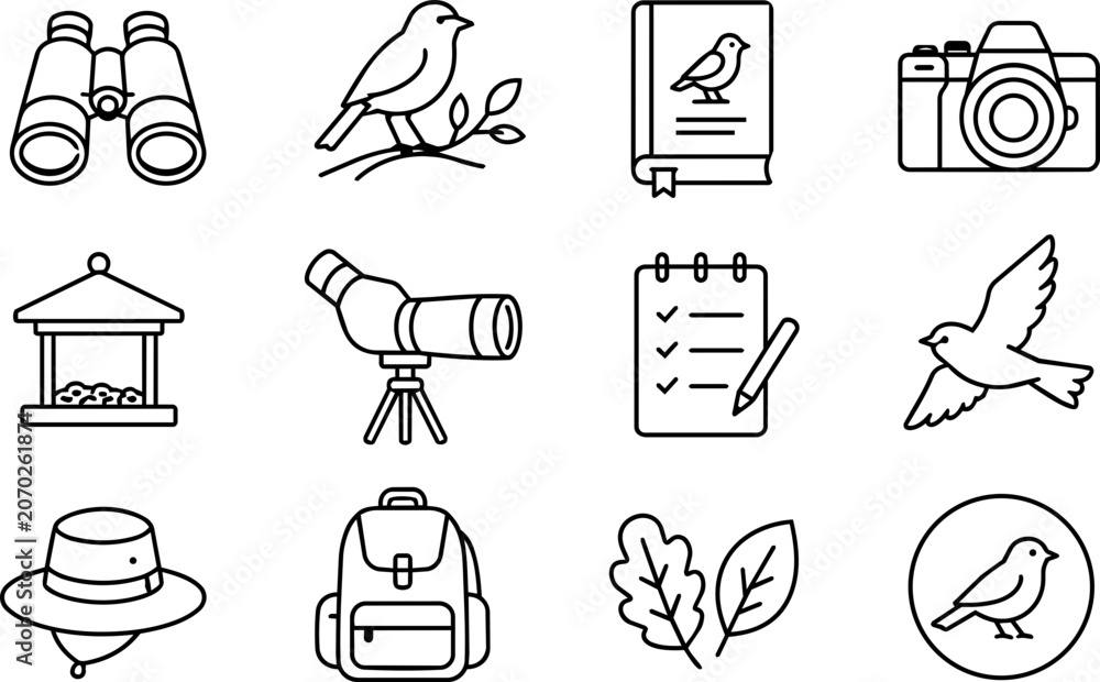 Fototapeta premium Bird Watching Line Art Icon Set Collection