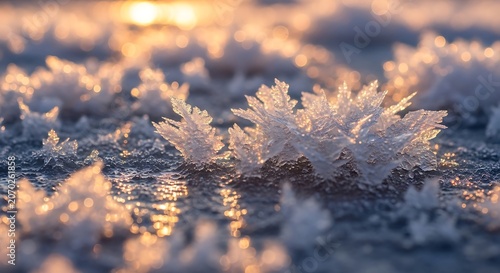 Macro Frost Crystals Glowing on Ice Surface at Dawn.