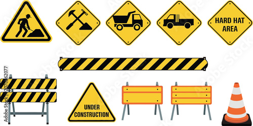 Construction safety warning signs and roadwork elements vector illustration showing barriers, cones, helmets, traffic symbols, and under construction notice graphics for site protection