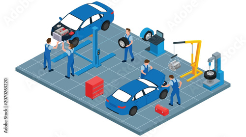 Foto Automotive Repair Shop Isometric Illustration With Mechanics And Vehicles