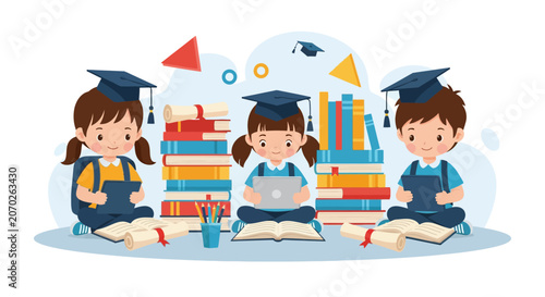 Children wearing graduation caps studying books and laptop.