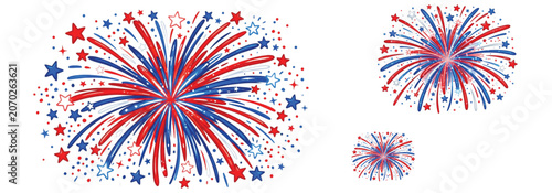 Vibrant red blue and white fireworks display with stars for celebration