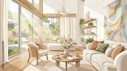 Modern living room interior with large windows, wooden furniture, cozy sofa, and natural sunlight streaming in, creating a warm and inviting atmosphere in a contemporary home design