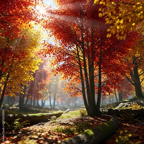 Autumn Light Through Colorful Forest Path.