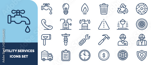 Utility services set featuring water faucet, light bulb, flame, recycle symbol, tools, construction worker, and infrastructure symbols