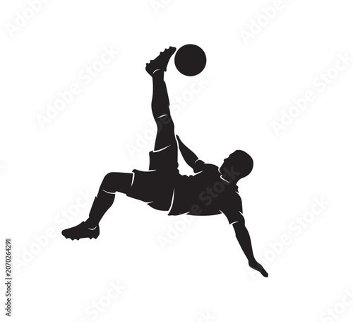 Silhouette of a professional soccer player performing an impressive acrobatic overhead bicycle kick to score a goal on a white background