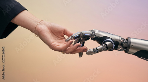 Human hand reaching out to touch robot hand in a gesture of connection and collaboration.