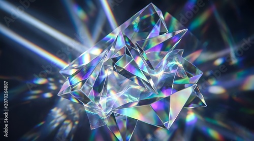 Abstract geometric crystal structure with light refraction and colorful spectrum dispersion, futuristic glass prism background with vibrant rainbow light beams and caustic patterns
