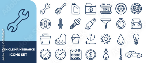 Vehicle maintenance set featuring automotive repair tools, car parts, and service symbols in dark blue outline style
