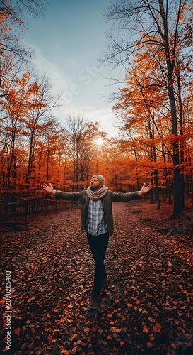 Autumn Park Scene With Person Standing In Sunlit Fall Light.