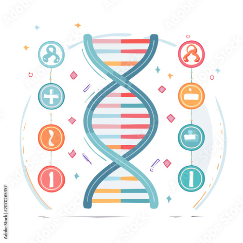 Flat illustration of DNA helix with science icons