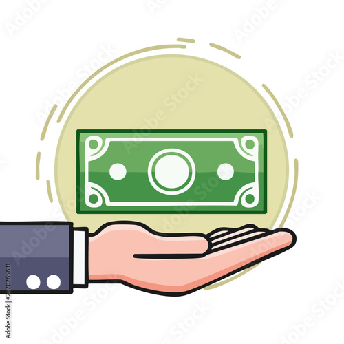 Hand holding green dollar bill flat vector illustration