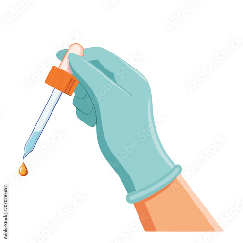 Hand in glove holding dropper with liquid