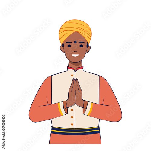 Man in traditional attire praying in flat vector style