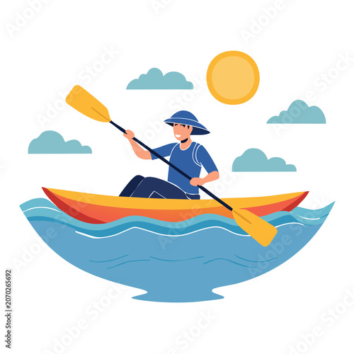 Man kayaking in flat vector illustration