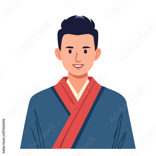 Man in Traditional Blue Robe with Red Sash