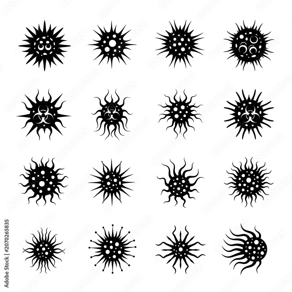 Obraz premium The illustration depicts various alien virus icons arranged in a grid on a white background.