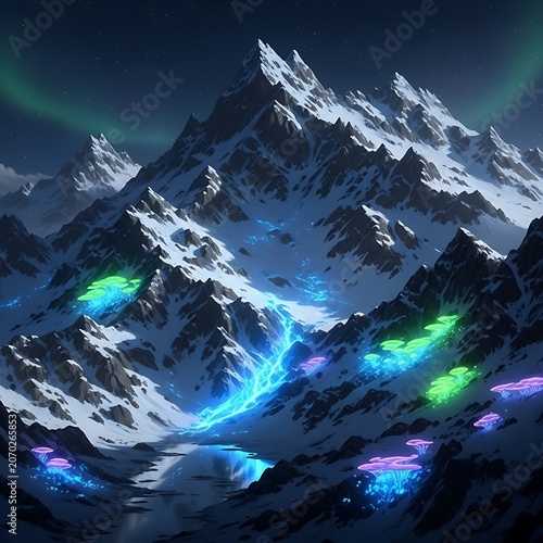Snowcapped Mountain Range Under Vibrant Night Aurora Lights.