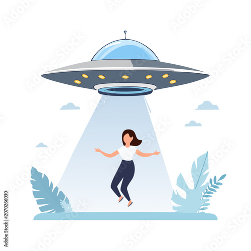 Woman under UFO beam in flat vector illustration