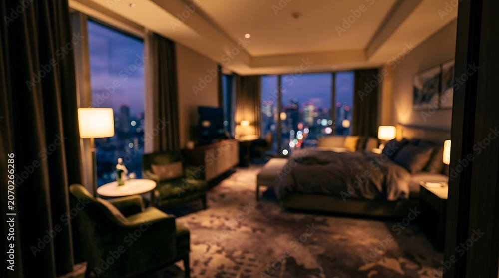 Fototapeta premium Luxury hotel room interior with a view of the city skyline at twilight, featuring a comfortable bed, plush armchairs, and warm ambient lighting in a modern highrise suite