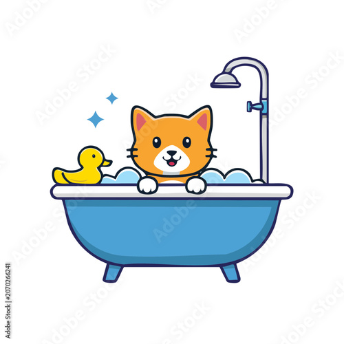 Cartoon cat taking a bath with rubber duck