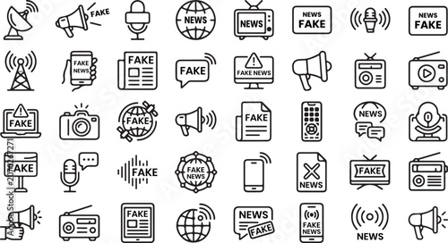 Photos Black and white line icons of fake news and media symbols on white background