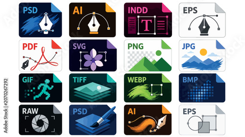 Collection of various digital file format icons for graphic editing and image processing.