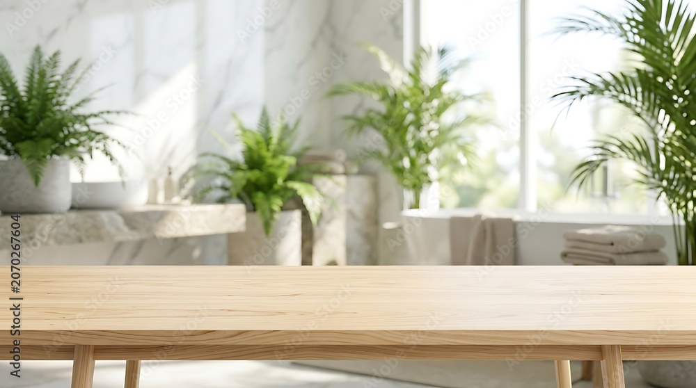 Fototapeta premium Empty wooden table top in bright luxury bathroom interior with green plants for product mockup presentation banner