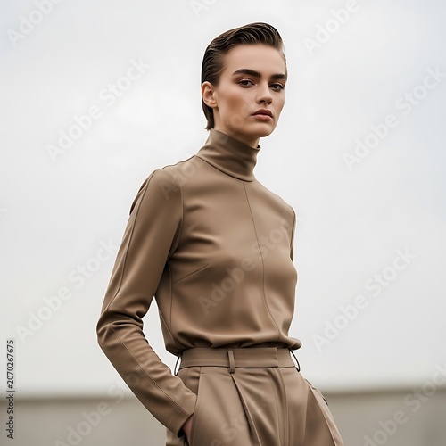 Beige turtleneck fashion portrait with tailored pants.
