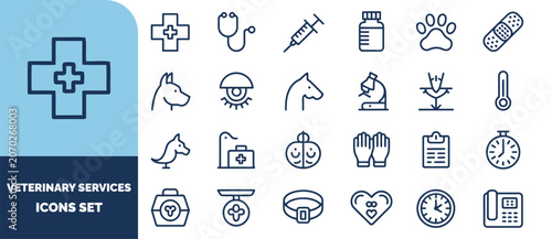 Veterinary services set, collection of outline medical symbols for pets featuring stethoscope, syringe, animals, and care equipment