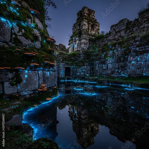 Bioluminescent Blue Water Cave Amid Rock Formations.