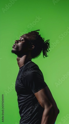 A man in sportswear, standing in profile against a bright green background, vertical