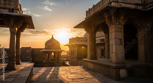 Sunset over Ancient Temple Ruins with Sunlit Columns.