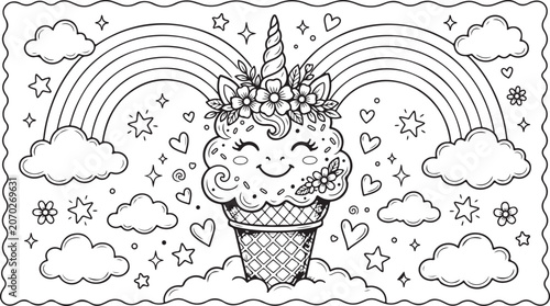 Foto A smiling unicorn ice cream cone with a flower crown and sprinkles surrounded by