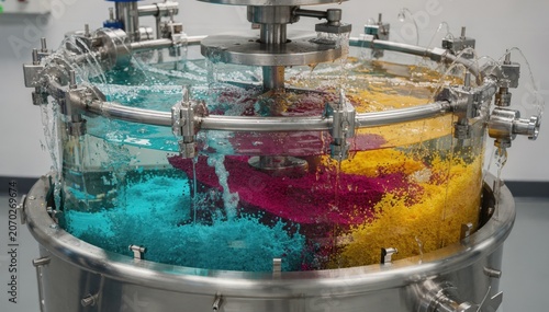 Medium shot of a stirred tank where aqueous solutions combine to precipitate vibrant inorganic pigment particles under controlled conditions.