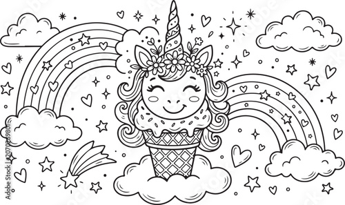 A smiling unicorn ice cream cone with rainbow and clouds