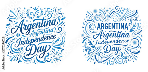 Argentina independence day celebration graphic design elements with blue floral patterns