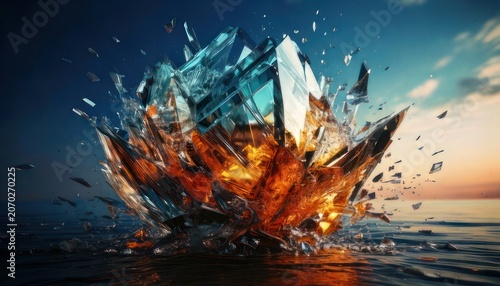 Abstract Crystal Explosion on Water - A Symphony of Light and Form.