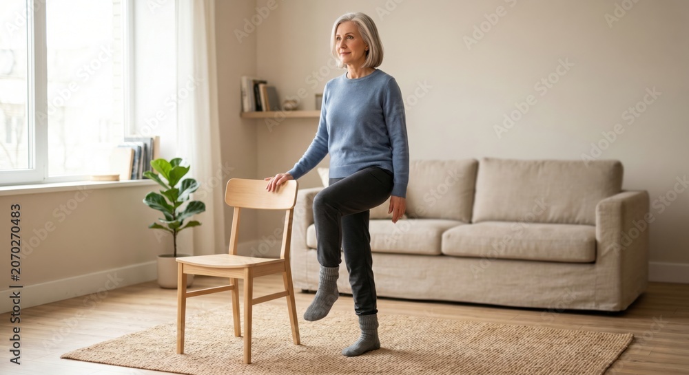 Fototapeta premium Adult woman practicing balance with chair support in home interior, creating a clear wellness scene focused on stability, movement, and everyday self care.