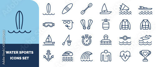 Water sports set featuring surfboards, sailing boats, scuba gear, life jackets, swimming, waves, and trophies in linear style