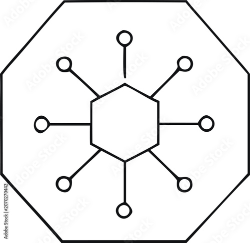 Web Minimalist Hexagonal Network Diagram with Central Node and Connected Dots in Flat Design
