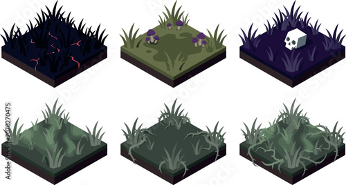 Cuadro en lienzo Isometric Dark Fantasy Grass Tile Set with Spooky Skull Poisonous Mushrooms Lava
