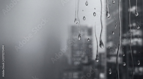 Raindrops Trickling Down Window Glass with Blurred City Skyscraper Background, Monochrome Corporate Office Rain View During Monsoon Season, Moody Urban Rainy Day and Water Droplets on Pane