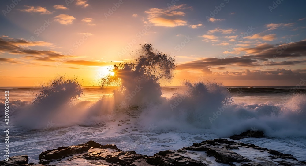 Obraz premium Sunset Over Ocean Waves Crashing on Rocks.
