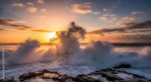 Sunset Over Ocean Waves Crashing on Rocks.