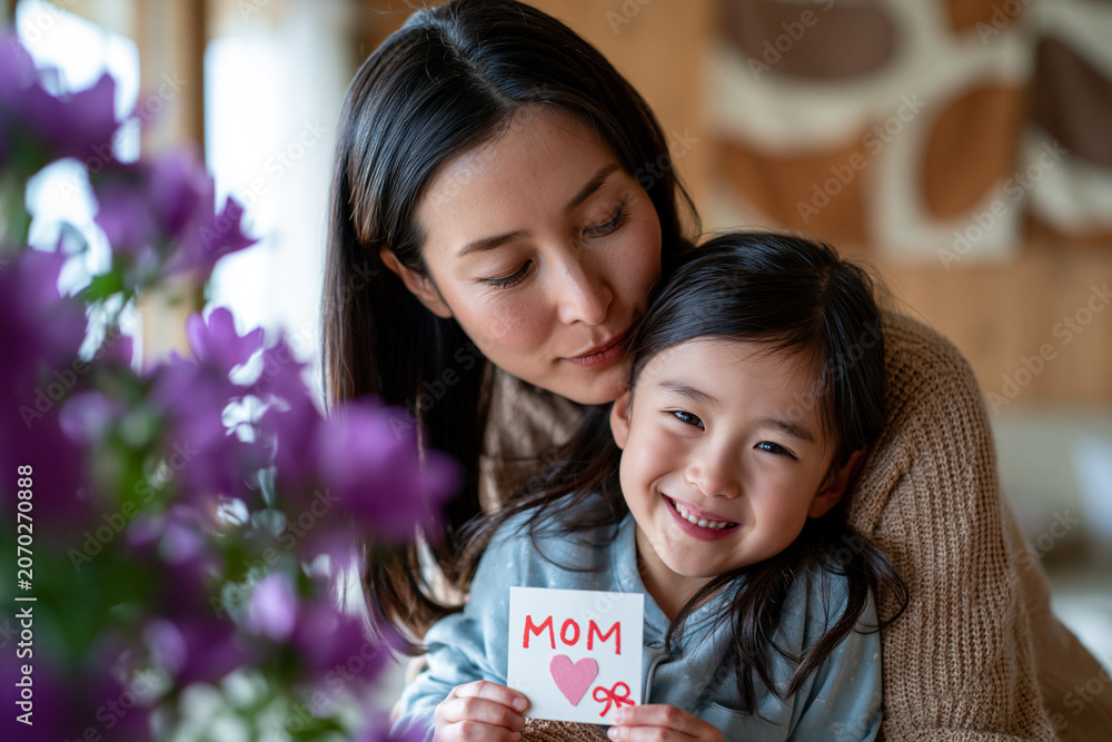 Obraz premium A loving young Asian mother gently embraces her smiling daughter who is holding a handmade Mother's Day card with a heart, celebrating family love and bonding in a cozy home setting with purple flo...