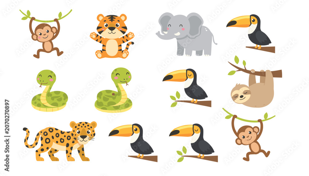 Fototapeta premium Cute jungle animals illustration set featuring elephant, tiger, monkey, leopard, toucan, snake, and sloth in cartoon style.